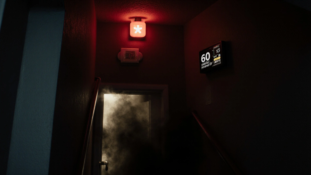 Rauch im Treppenhaus, T30-Tür hält Brand zurück, Notbeleuchtung und Rauchmelder leuchten rot.