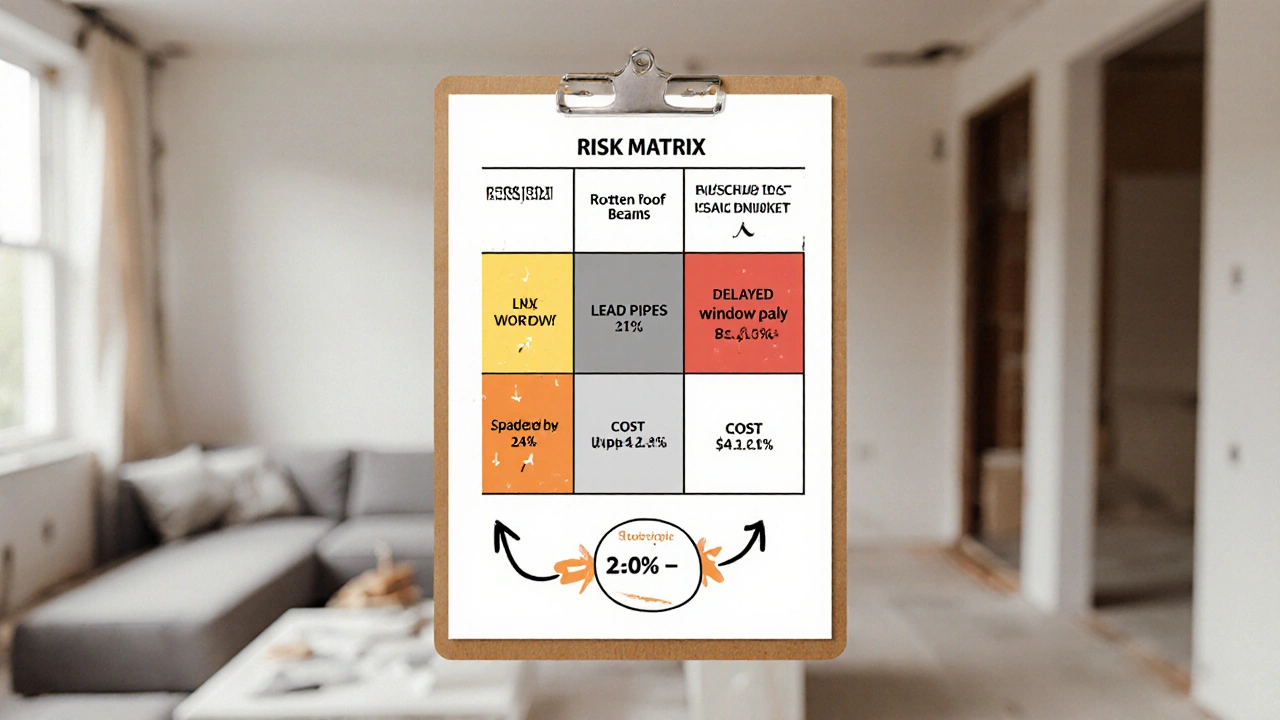 Risikomatrix mit Wahrscheinlichkeit, Kosten und Verzögerungen für Sanierungsprojekte auf einem Klemmbrett.