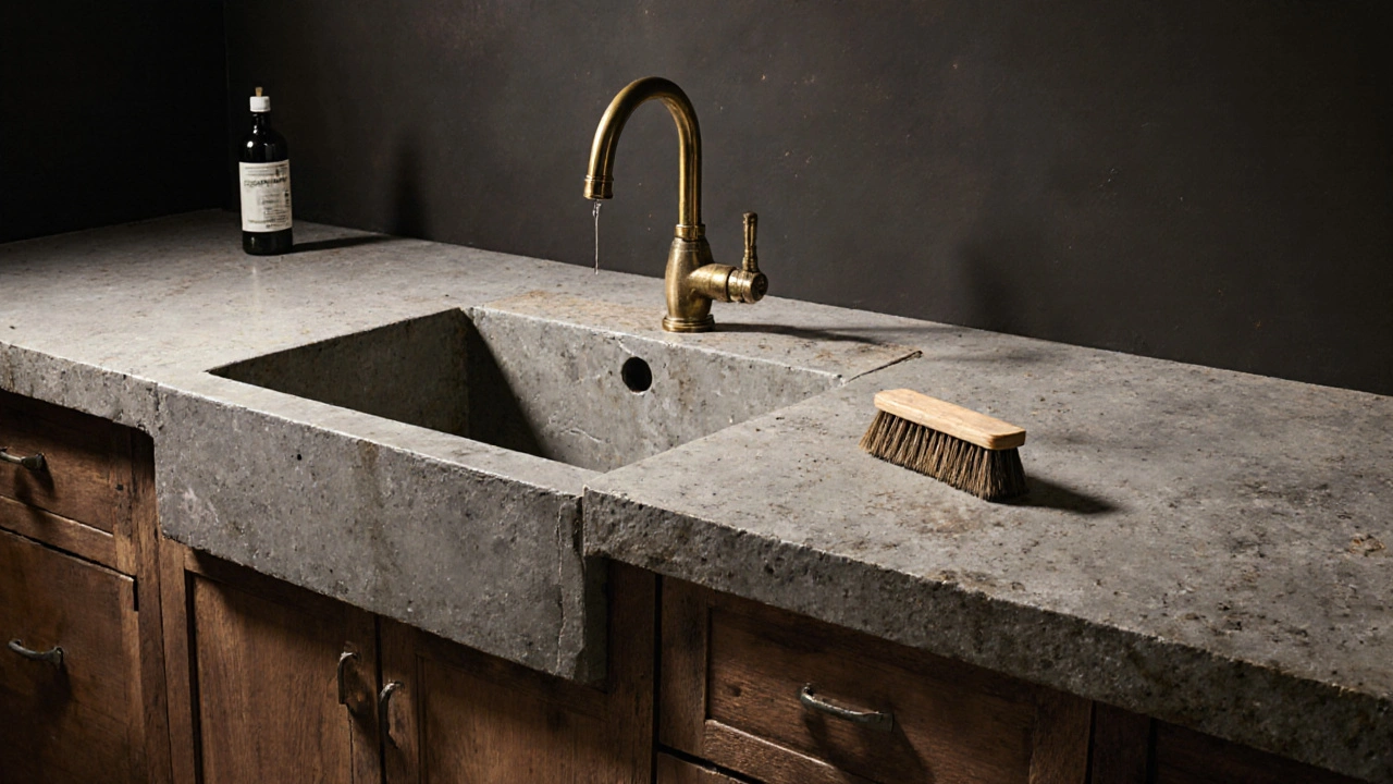 Rohbeton-Arbeitsplatte mit sichtbarer Textur und leichten Flecken, Bürste und Imprägniermittel daneben.
