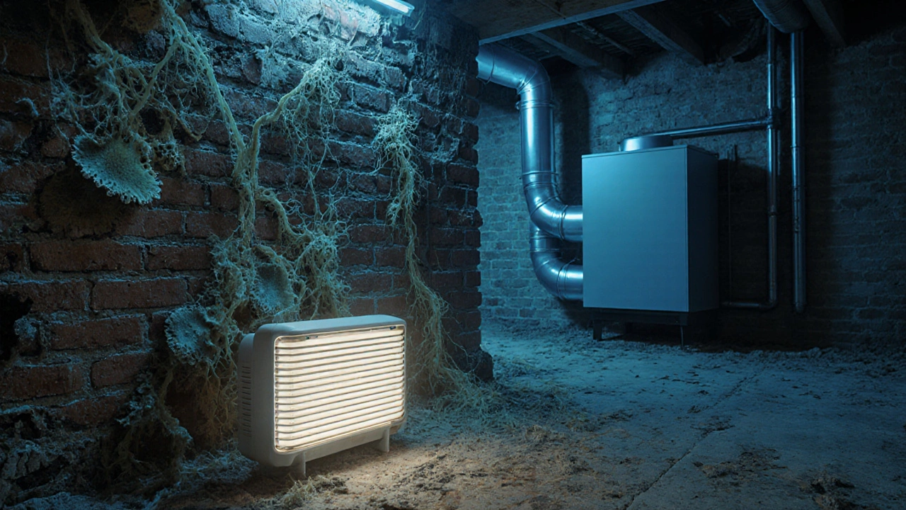 Schimmelpilz im Mauerwerk mit Luftreiniger und moderner Lüftungsanlage als Gegenmaßnahme.