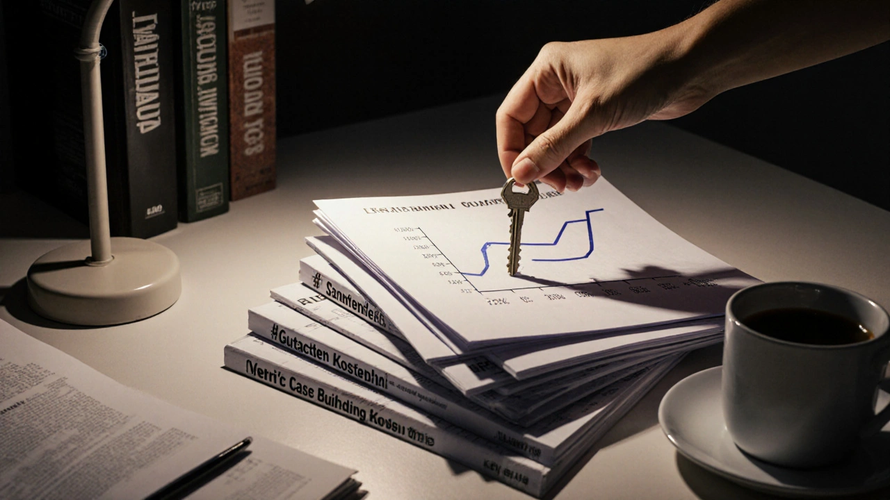 Schlüssel auf Dokumenten mit Sanierungsplänen und Worst-Case-Budget, im warmen Lampenlicht.