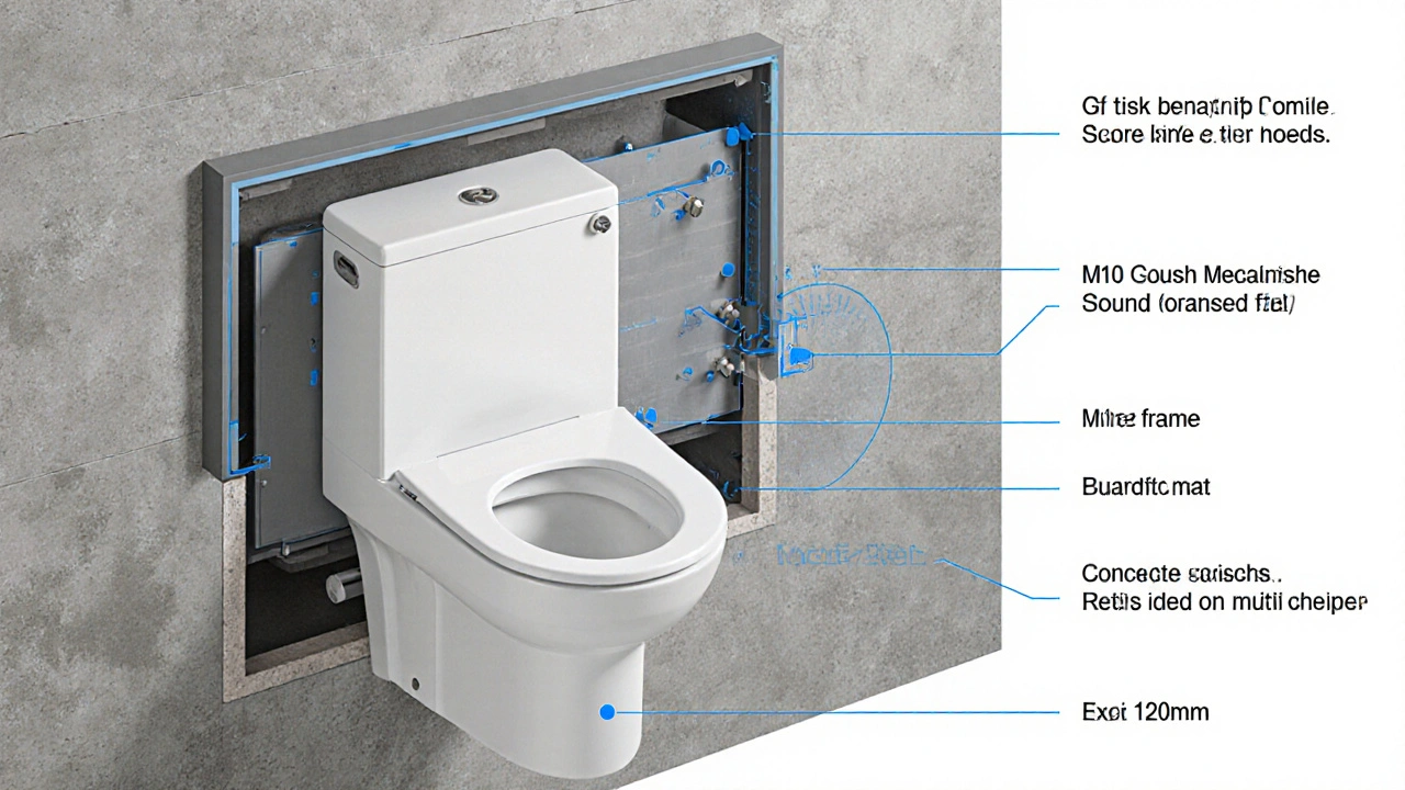 Schnittansicht einer WC-Vorwandinstallation mit Metallrahmen, Spülkasten und präzisen Montageabständen.