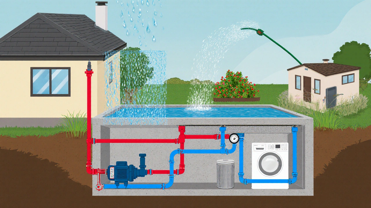 Schnittmodell eines Regenwasserspeichersystems mit Filter, Pumpe und rot-blau getrennten Leitungen zu WC und Waschmaschine.