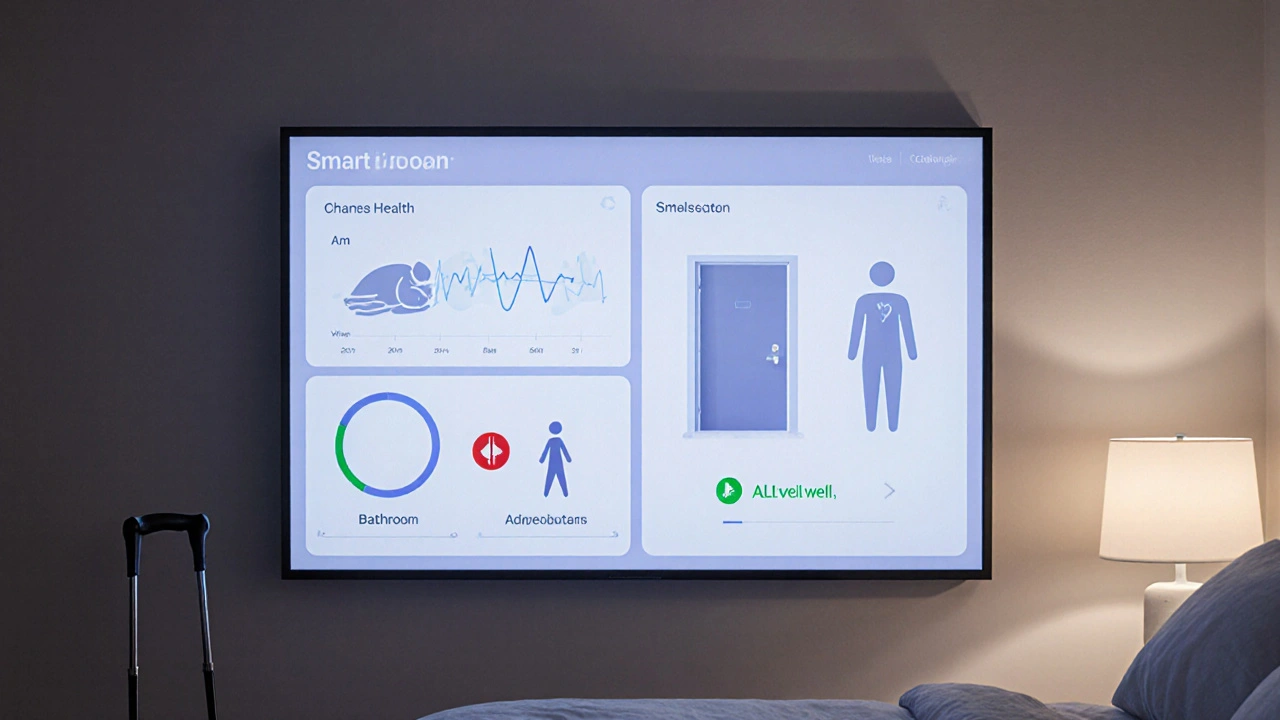Smart-Home-Dashboard zeigt Gesundheitsdaten und Bewegungsmuster in einem Schlafzimmer.