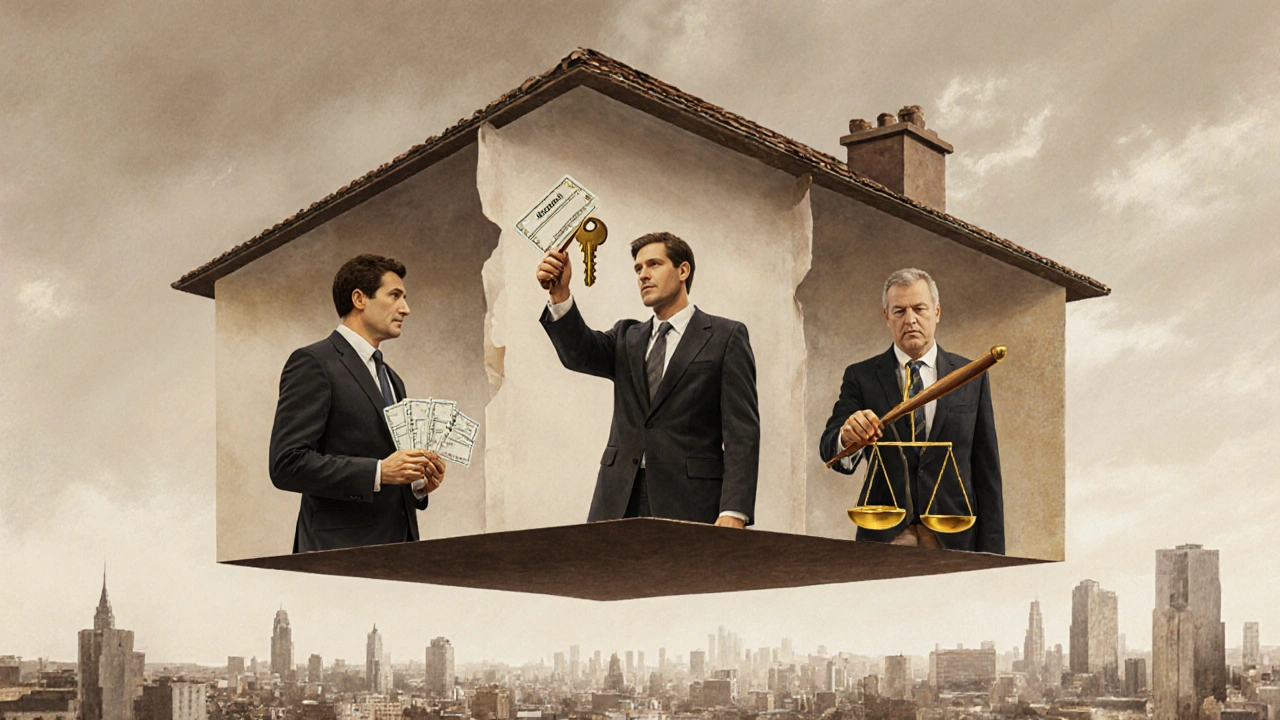 Symbolisches Haus mit drei Aspekten: Mieteinnahmen, Testamentsvollstrecker und Erbengemeinschaft.