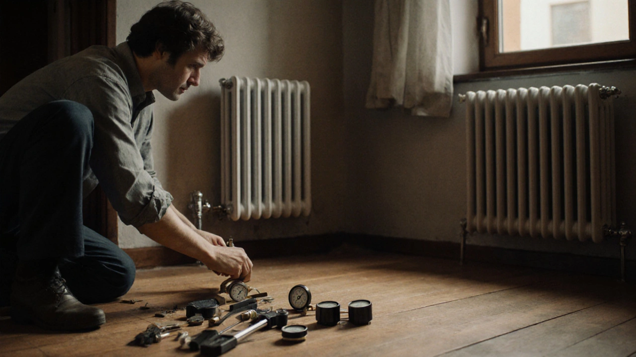 Techniker führt einen hydraulischen Abgleich an Heizkörpern in einem älteren deutschen Haus durch, mit Messgeräten und warmem Licht.