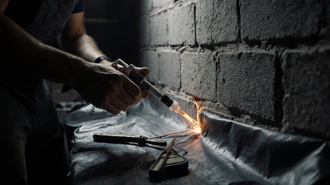 Techniker füllt einen diagonalen Riss in einer Mauer mit Harz ein.