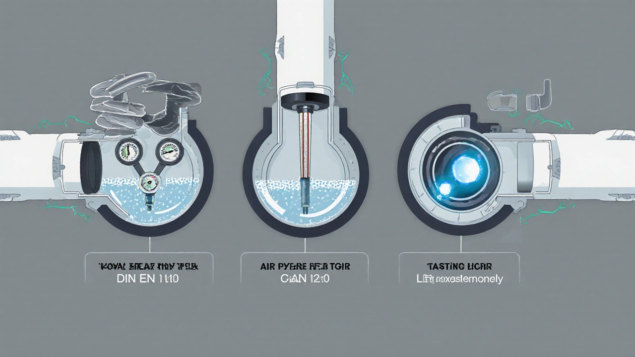 Technische Darstellung der drei Prüfverfahren für Abwasserleitungen: Wasserdruck, Luftdruck und Kamerainspektion.