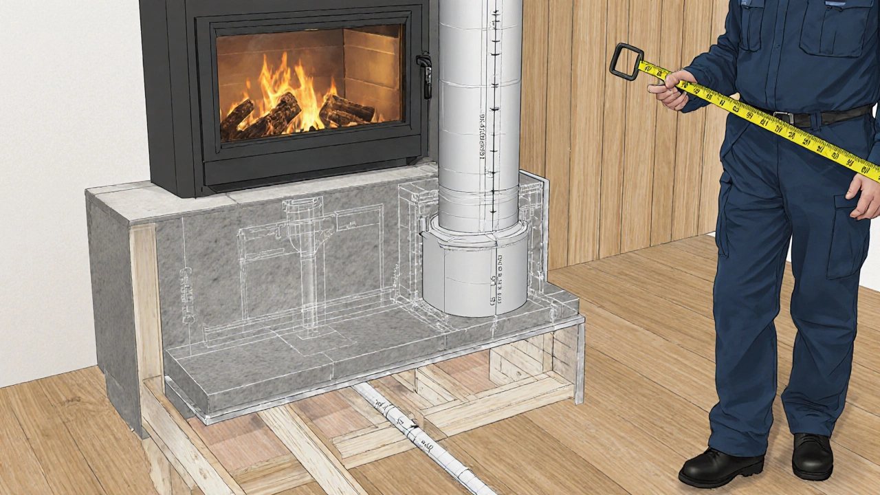 Technische Querschnittsdarstellung eines Kamins mit tragfähigem Boden, Rauchrohr und sicherem Abstand zu Holzkonstruktionen.