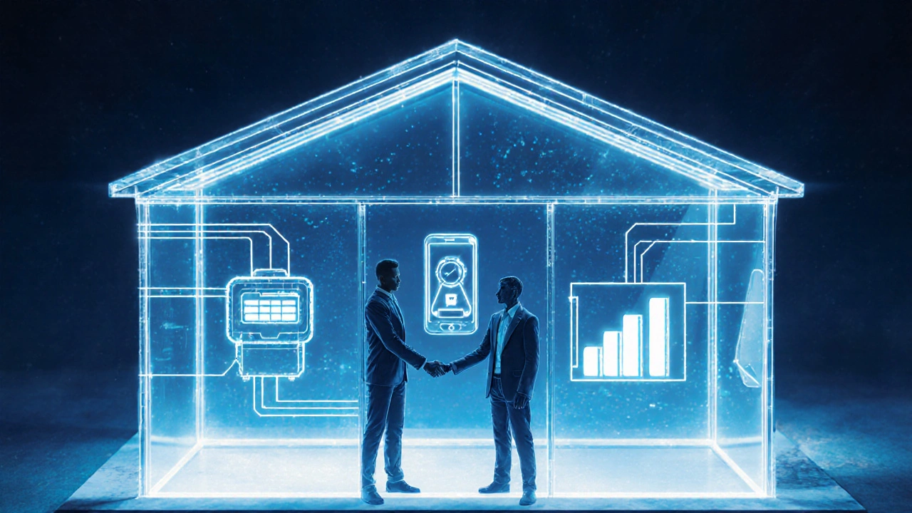 Transparenz durch digitale Verbrauchsdaten: Glas-Haus mit fließenden Verbrauchslinien, Mieter und Vermieter shaken hands.