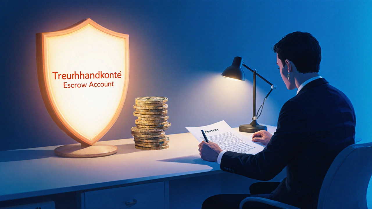 Treuhandkonto schützt Kaution vor betrügerischem Verkäufer, während ein Anwalt den Vertrag prüft.
