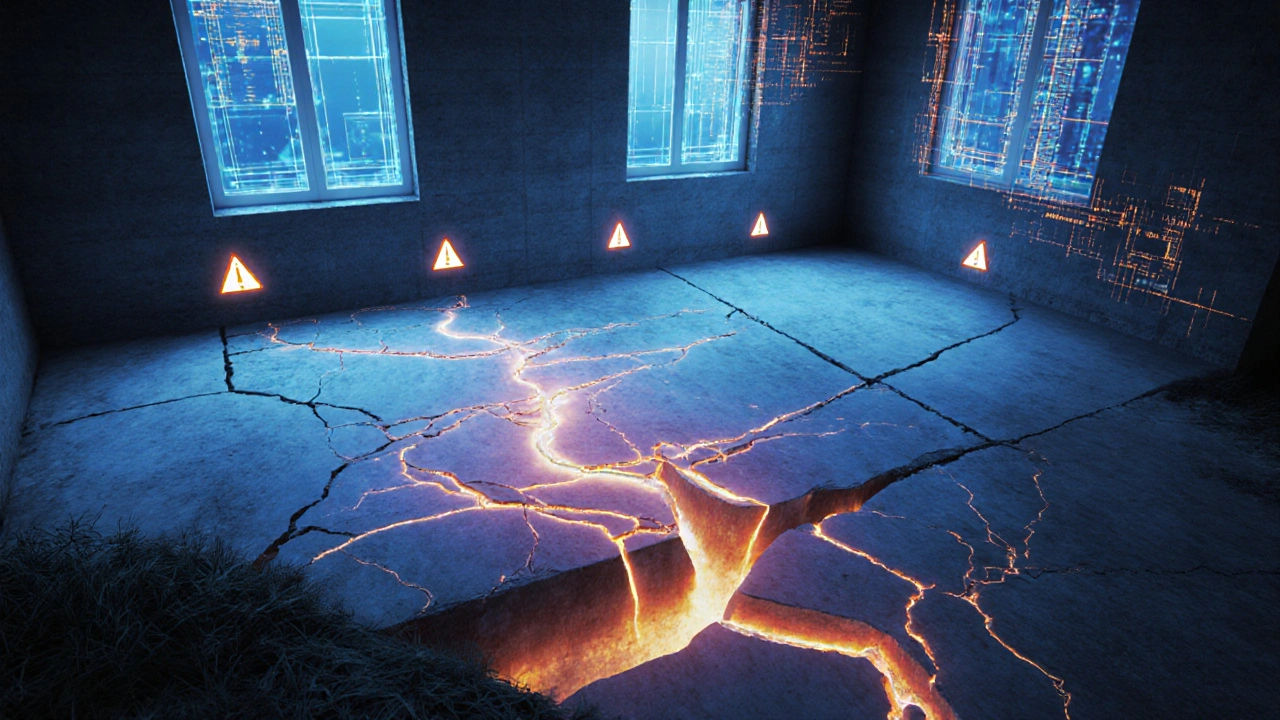 Untergrund-Erosion verursacht Setzrisse im Hausfundament mit digitalen Messdaten.