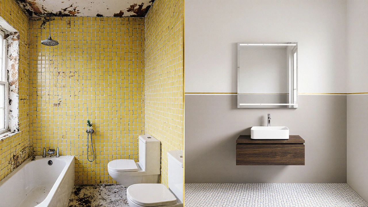 Vergleich: altes, veraltetes Badezimmer links, modernisiertes Bad rechts – getrennt durch goldene Linie.