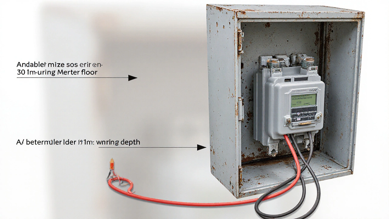 Vergleich der korrekten und falschen Kabelverlegung bei Zählerplätzen: Kabel von unten vs. von oben, APZ innerhalb vs. außerhalb des Schrankes.