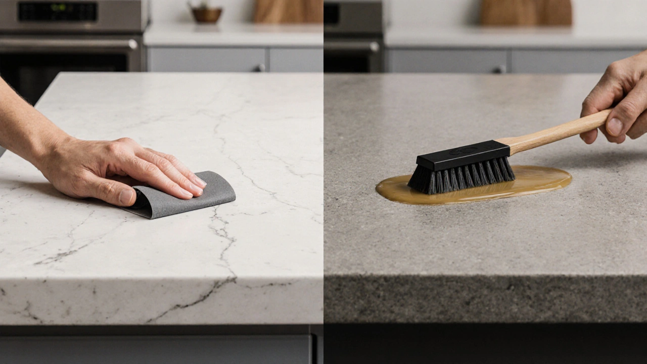 Vergleich: links wird Mineralwerkstoff geschliffen, rechts wird Beton imprägniert – beide in Küchenumgebung.