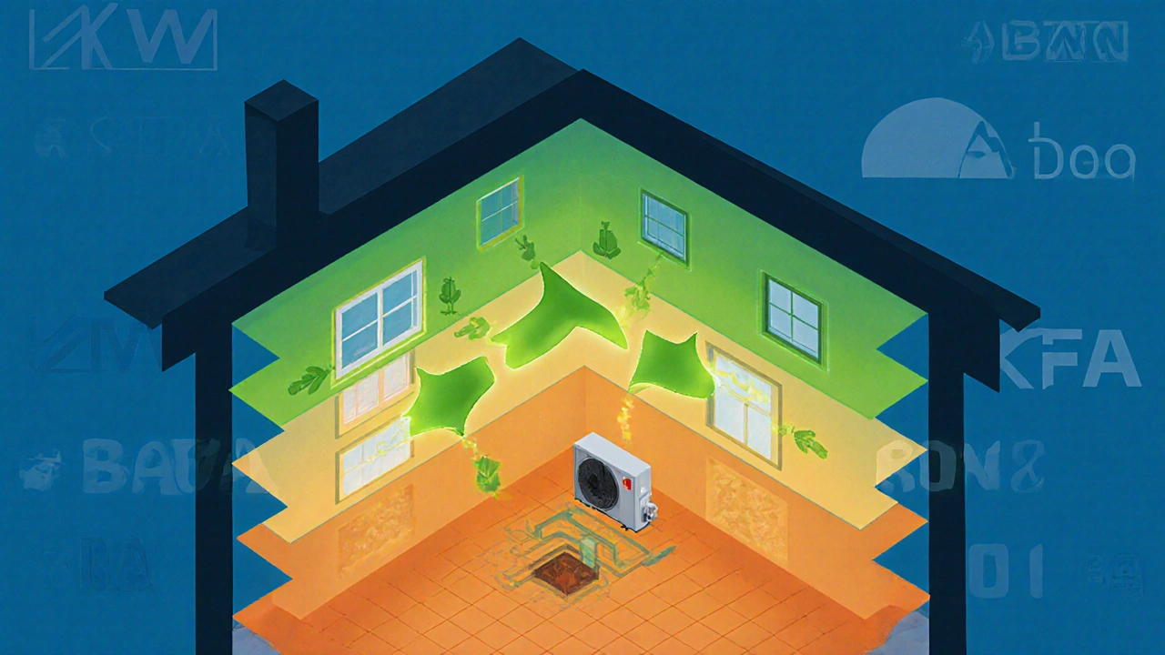 Vogelperspektive eines deutschen Hauses mit grafischen Energieeinsparungen durch Dämmung, Fenster und Wärmepumpe, symbolisch dargestellt.