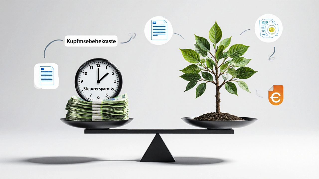 Waage mit Kaufkosten und wachsendem Baum der Steuerersparnis, symbolisch für langfristige Vorteile.