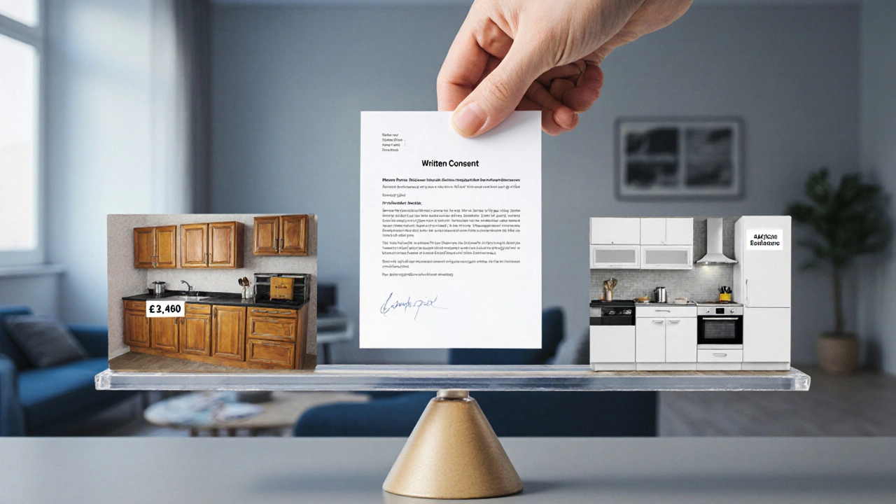 Waage zeigt alte Küche neben moderner Küche, mit Dokument &#039;Schriftliche Zustimmung&#039; als Ausgleich.