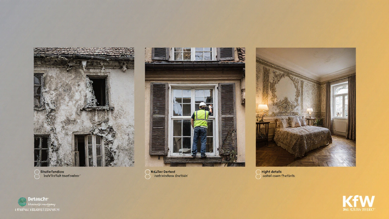 Zeitlicher Übergang eines Sanierungsprojekts: von verfallenem Zustand zu modernisiertem, erhaltenem Denkmal.