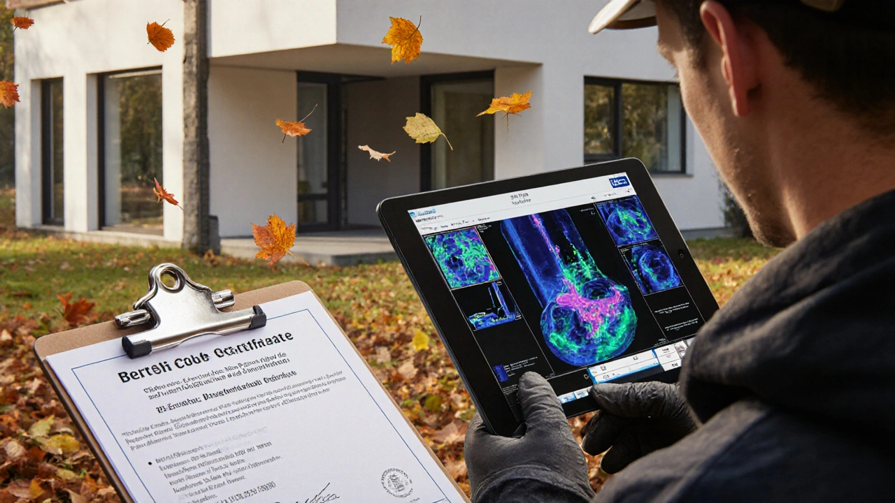 Zertifizierter Fachmann prüft eine digitale Rohrinspektion auf einem Tablet, neben einem offiziellen Prüfprotokoll.