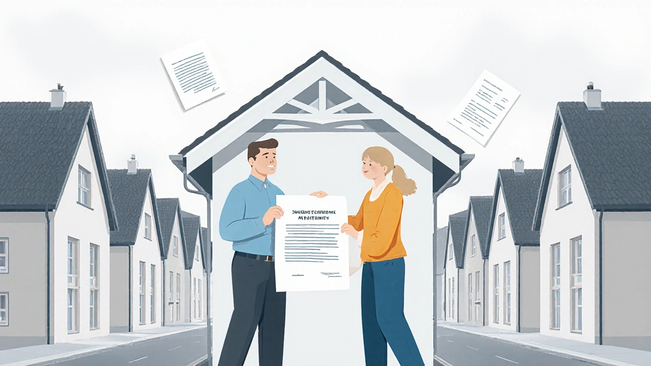 Zwei Hausbesitzer besprechen eine Dachsanierung an einer gemeinsamen Dachsparrenkonstruktion mit unterschriebener Vereinbarung.