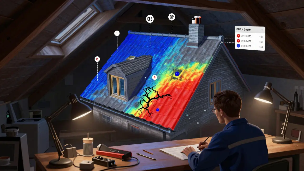 3D-Dachmodell mit Schadensmarkierungen und thermografischen Daten wird über einem Tisch projiziert.
