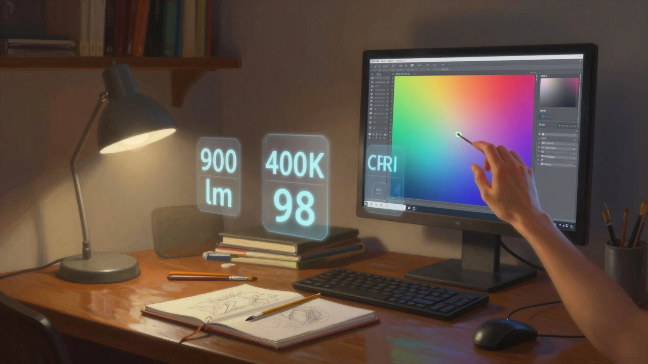 Arbeitsplatz mit hochwertiger Beleuchtung, Farben auf dem Bildschirm und Malutensilien werden präzise dargestellt.
