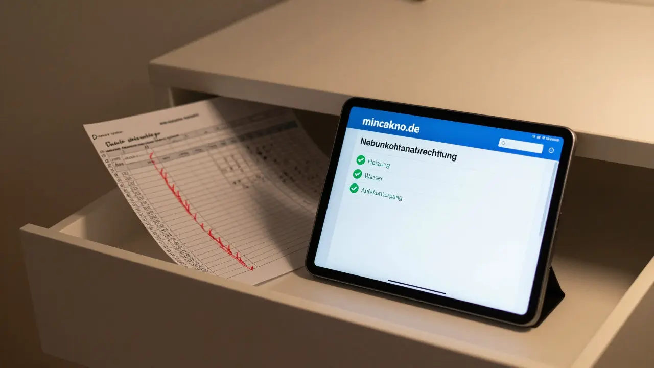 Digitalisierte Nebenkostenabrechnung auf Tablet im Vergleich zu einem fehlerhaften Excel-Blatt in der Schublade.