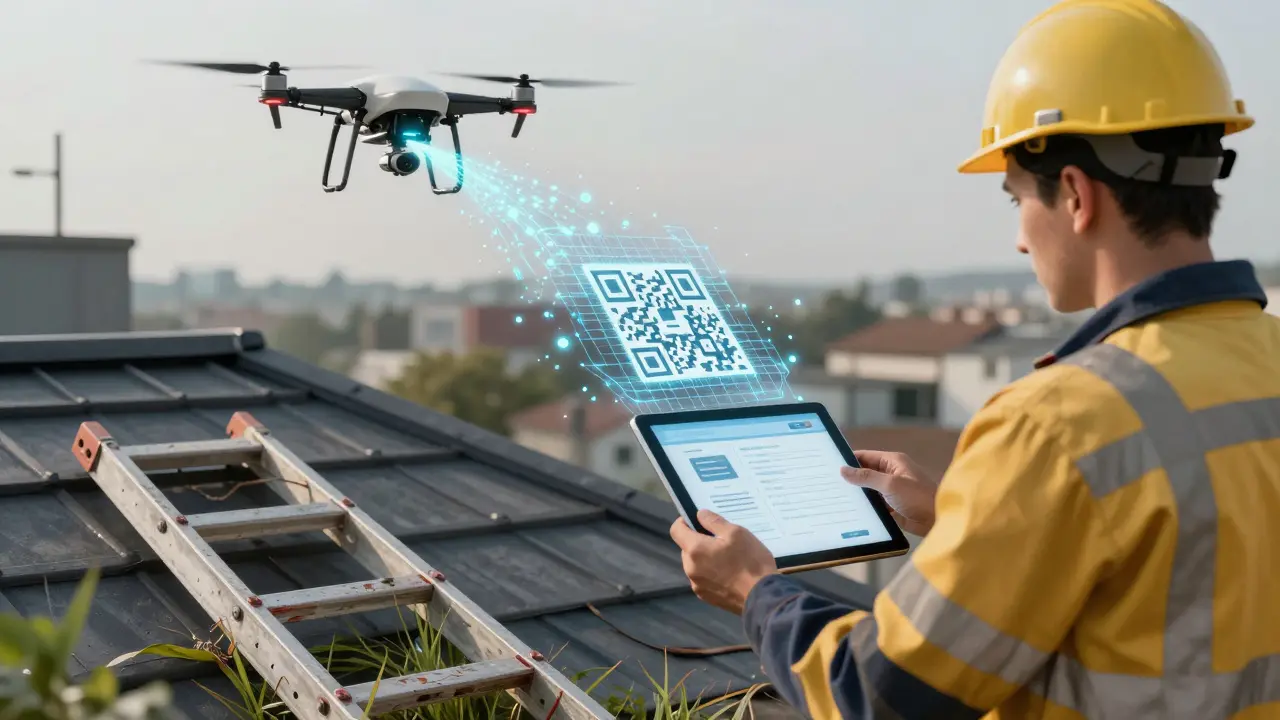 Drohne überträgt Daten in ein digitales Dachgutachten, während eine veraltete Leiter im Gras liegt.