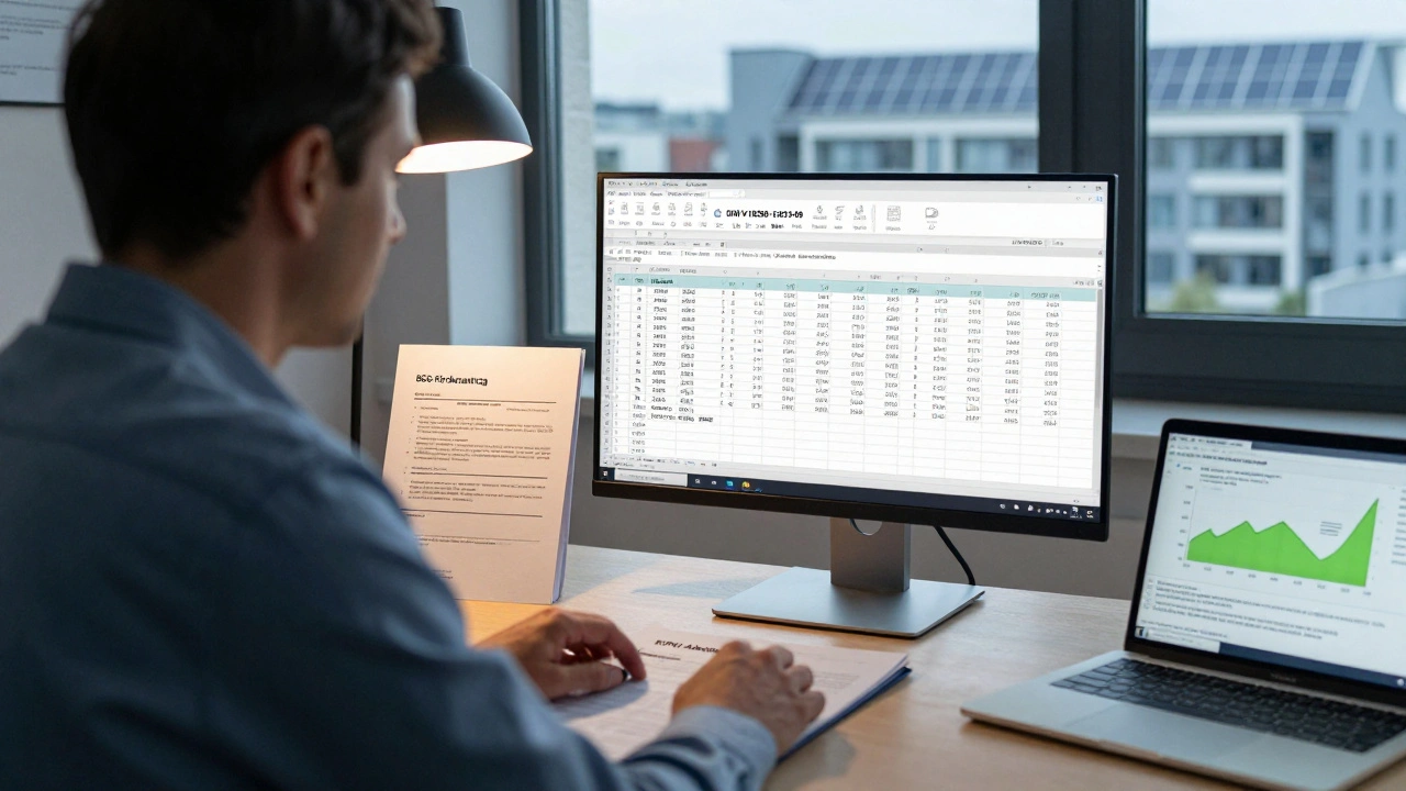 Ein Energieberater prüft eine DIN-konforme Excel-Tabelle zur CO₂-Berechnung für eine Förderung in einem deutschen Amt.