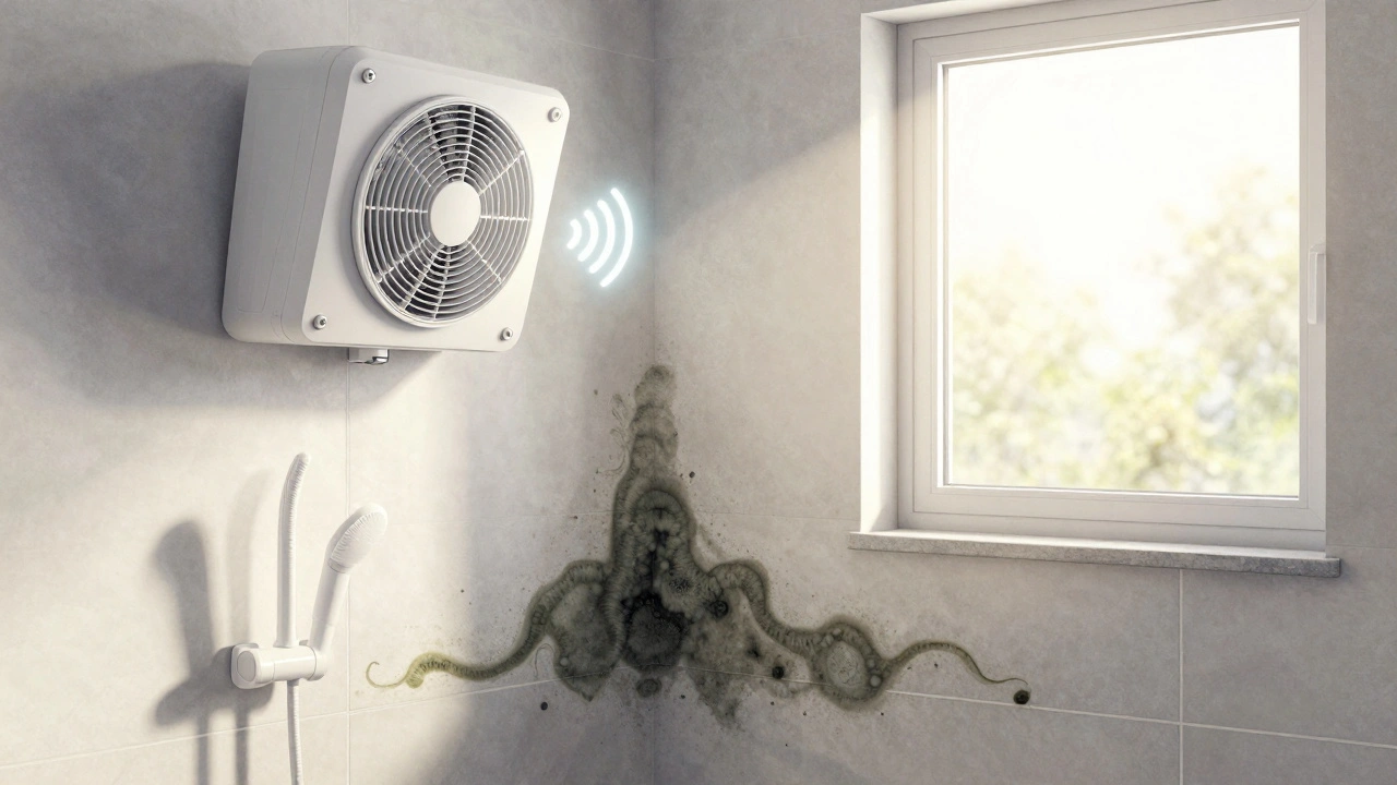 Ein gesundes Badezimmer mit modernem Lüfter, während Schimmel sich zurückzieht – symbolische Kontrastdarstellung.