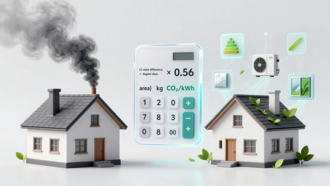 Ein Haus im Vergleich: links mit CO₂-Abgasen, rechts mit grüner Energie – dazwischen eine Formel zur CO₂-Berechnung.