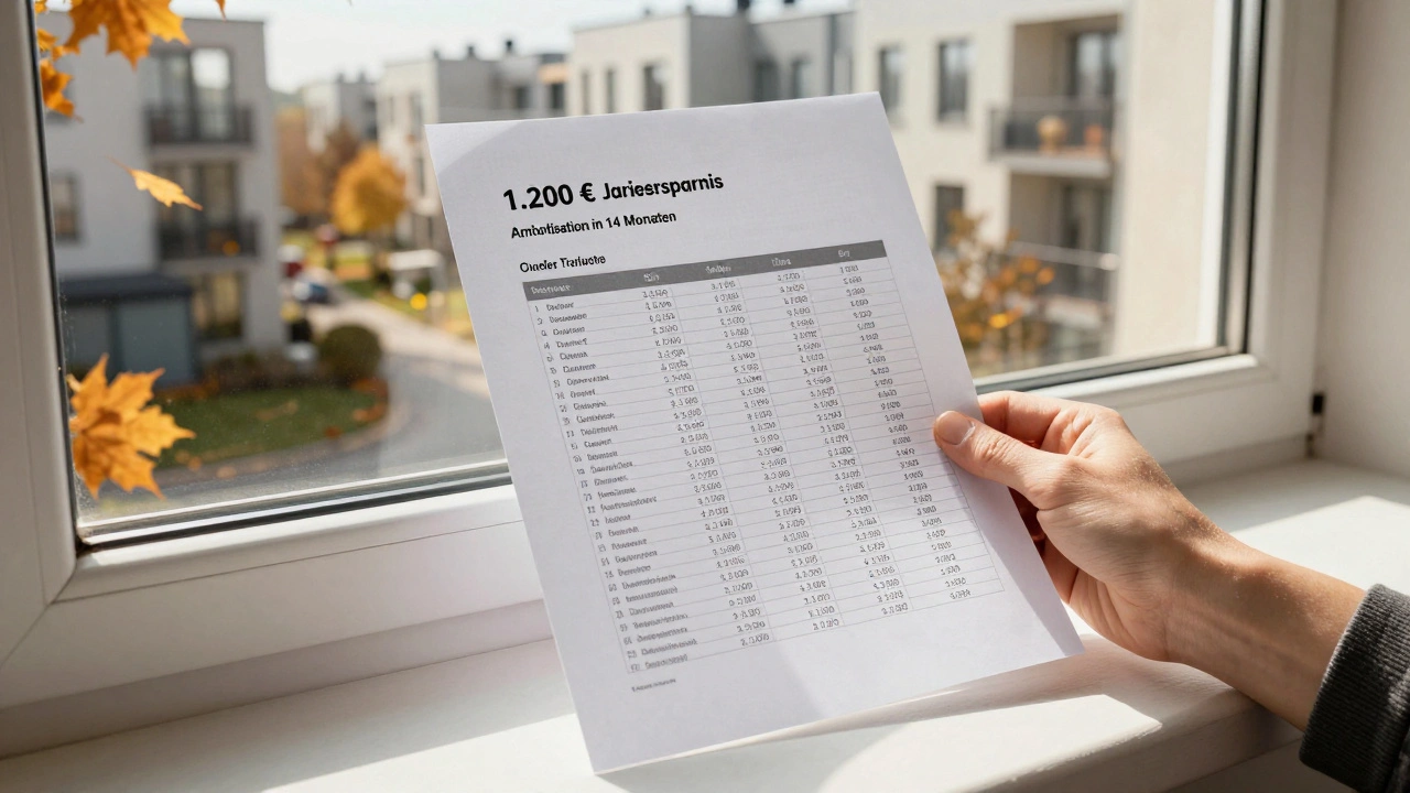 Energieaudit-Bericht mit konkreten Einsparzahlen auf einem Fensterbrett.