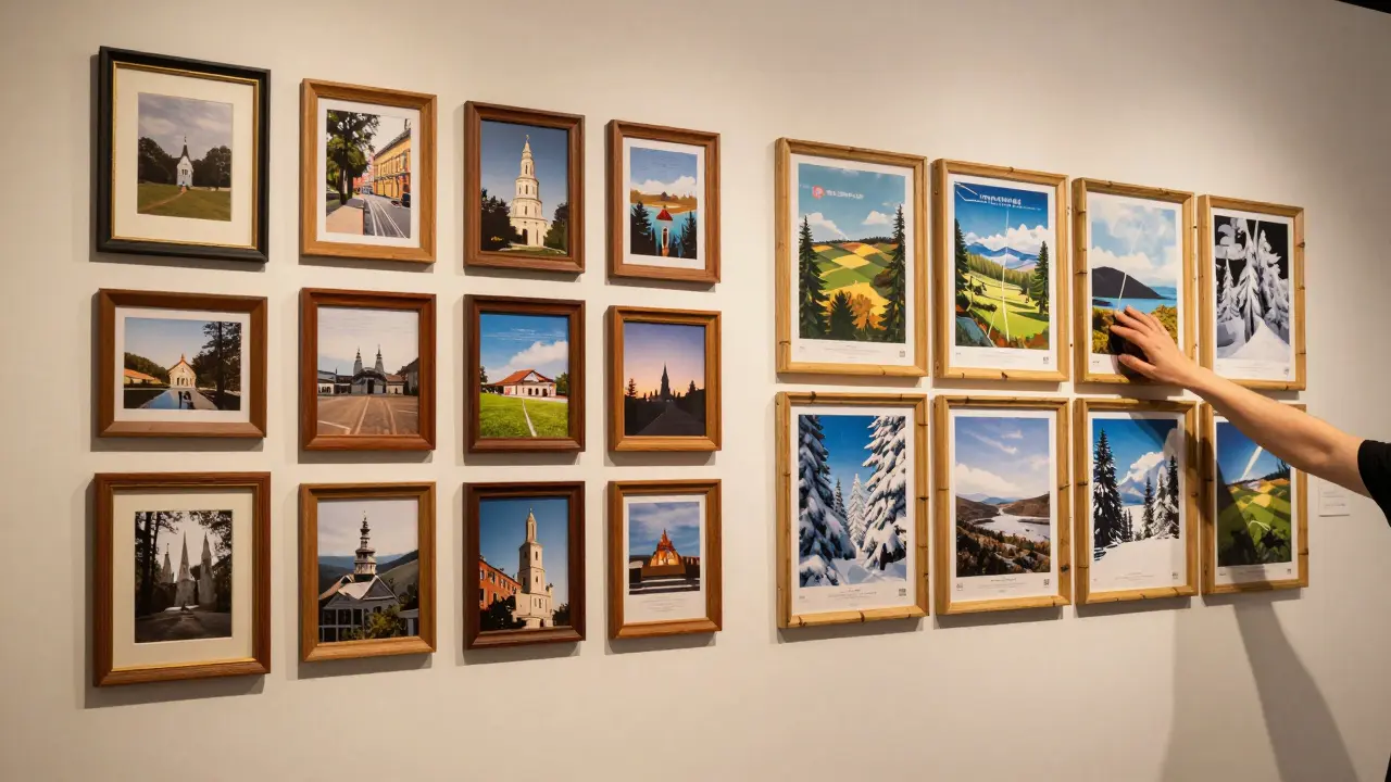 Evolutionäre Galeriewand: traditionelle Rahmen wechseln mit steckbaren Einlagen, nachhaltige Materialien im Licht.