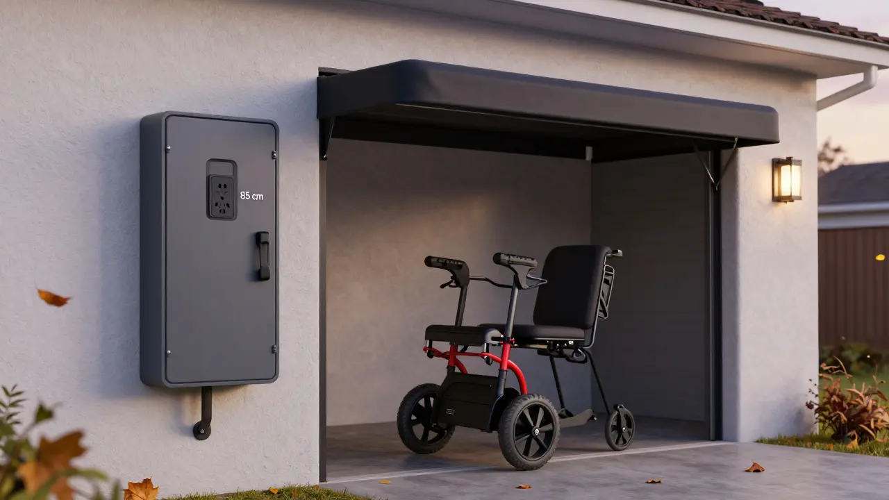Externe Rollator-Garage an der Hauswand mit Ladeanschluss und Rollator im Inneren.