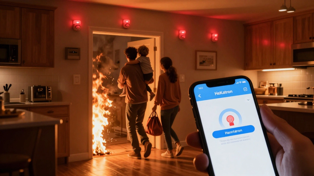 Familie flieht aus brennendem Haus, während vernetzte Rauchmelder in allen Räumen synchron alarmieren und ein Smartphone eine Warnung anzeigt.