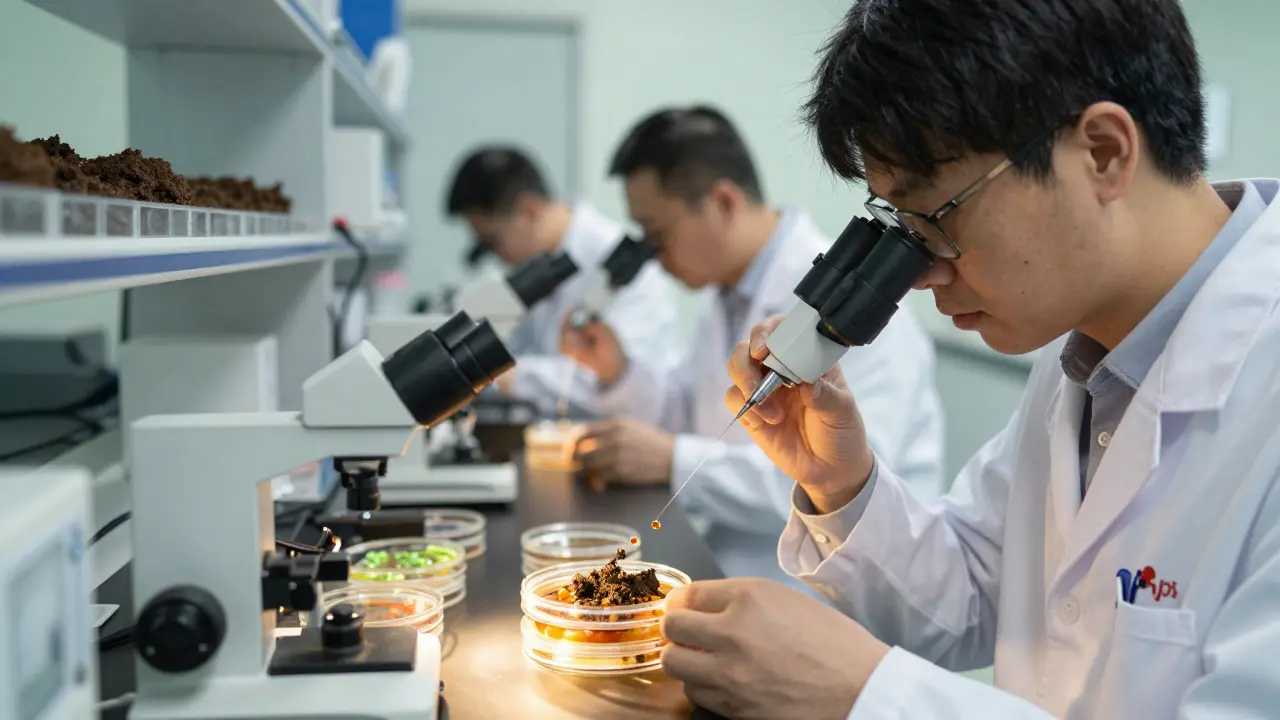 Forscher untersuchen mikrobielle Abbauaktivität von Öl in Bodenproben im Labor.