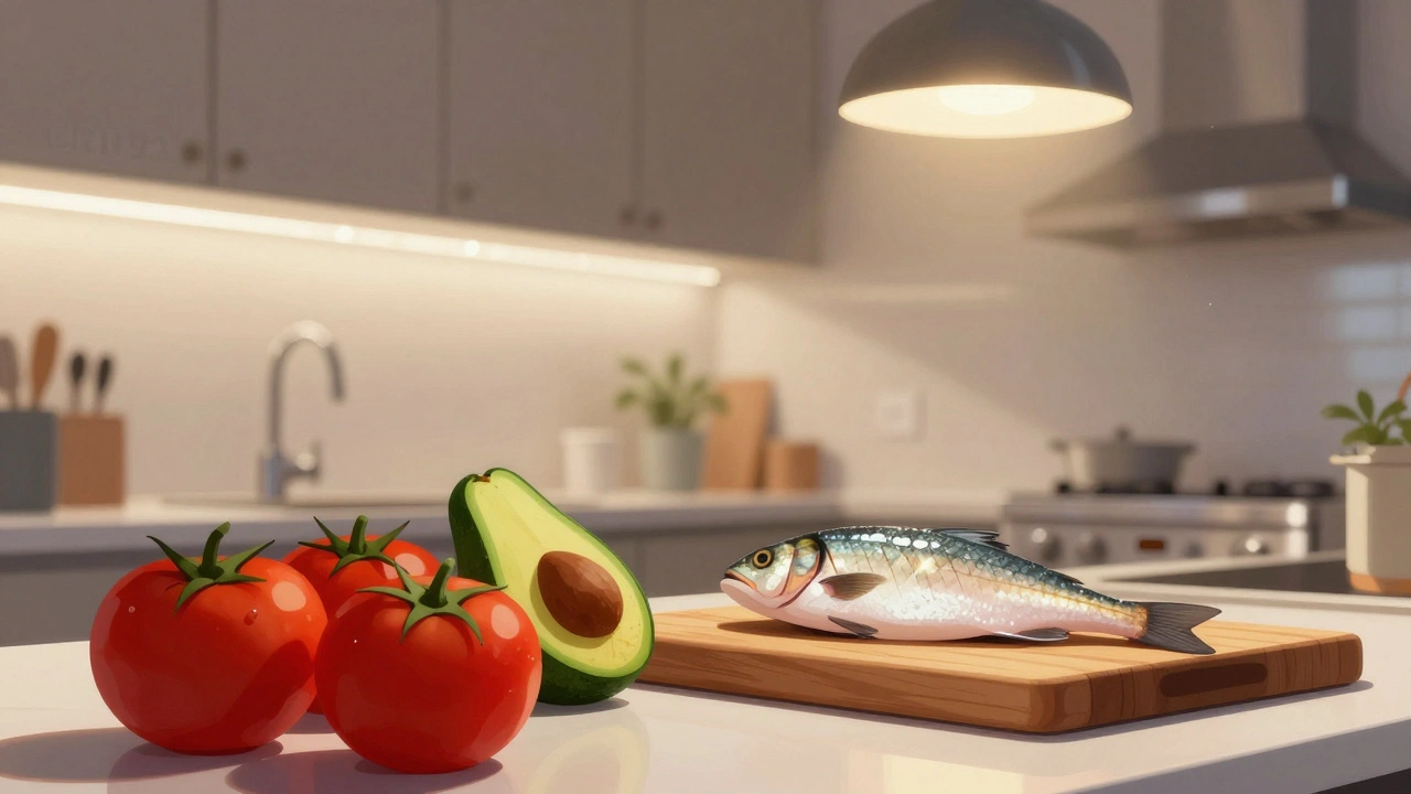 Frische Lebensmittel unter einer LED-Leuchte in der Küche, Farben wie Tomaten und Avocado erscheinen lebendig und realistisch.
