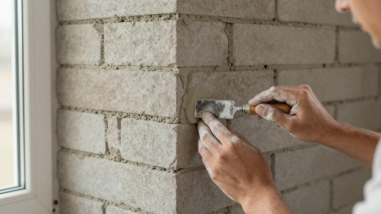 Handwerkliche Fugenglättung an innenliegendem Mauerwerk mit Werkzeug.