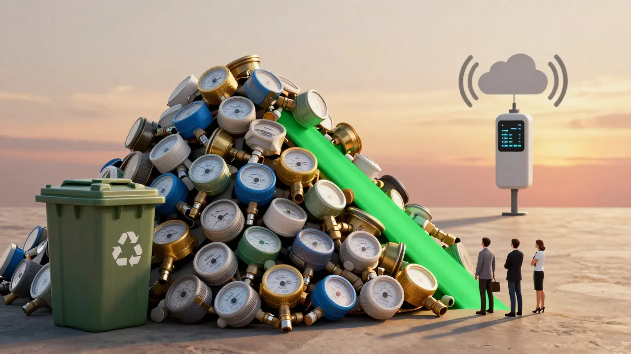 Häufung ausgemusterter Wasserzähler neben einem Recyclingcontainer, symbolisiert unnötigen Abfall.