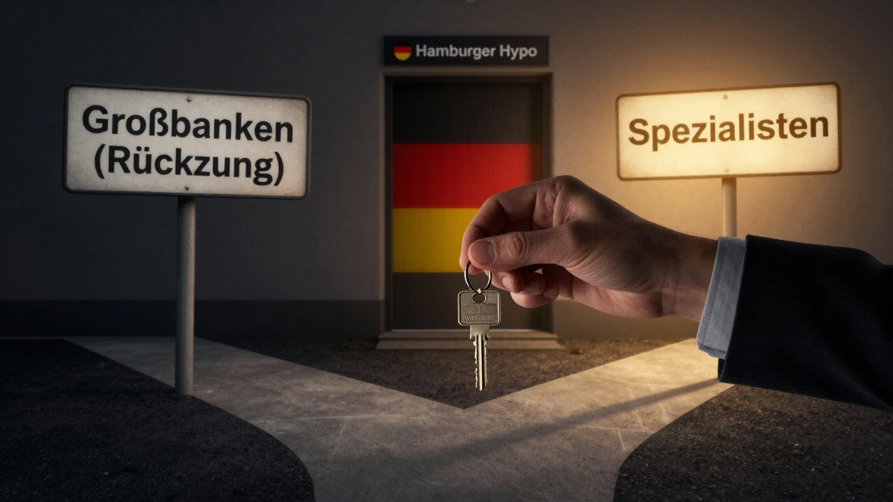 Hausbesitzer an Kreuzweg zwischen Großbanken und Spezialisten, Tür mit Hamburger Hypo-Logo im Licht.