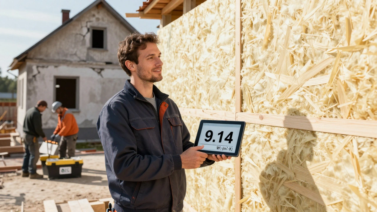 Hausbesitzer beobachtet Arbeiter, die Holzfaserdämmung an einer Fassade anbringen, im Hintergrund altes und neues Haus.