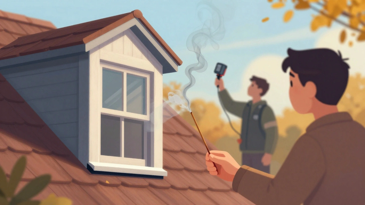 Hausbesitzer prüft mit Rauchstift die Dichtung eines Dachfensters