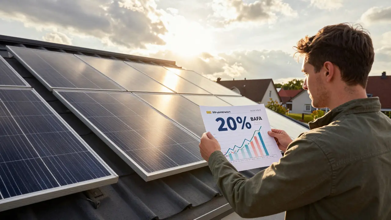 Hausbesitzer vor neuem Dach mit Photovoltaik-Anlage, hält Finanzübersicht mit 20 % Förderung.