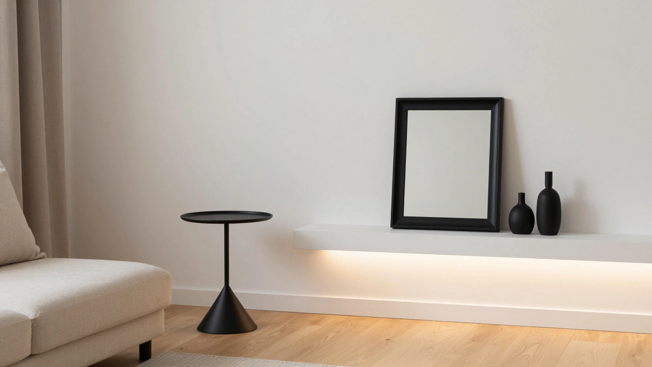 Kleine schwarze Akzente in einem hellen Wohnzimmer ohne dunkle Wände.