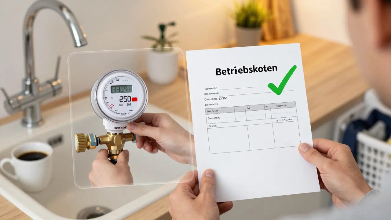 Mieter liest einen Brief über den Zählerwechsel, während ein neuer Zähler unter der Spüle montiert wird.