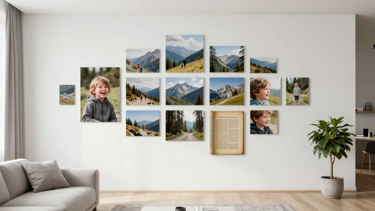 Modernes, rahmenloses Fotowand-Design mit intimen Bildern auf weißer Wand, minimalistisch und lichtdurchflutet.