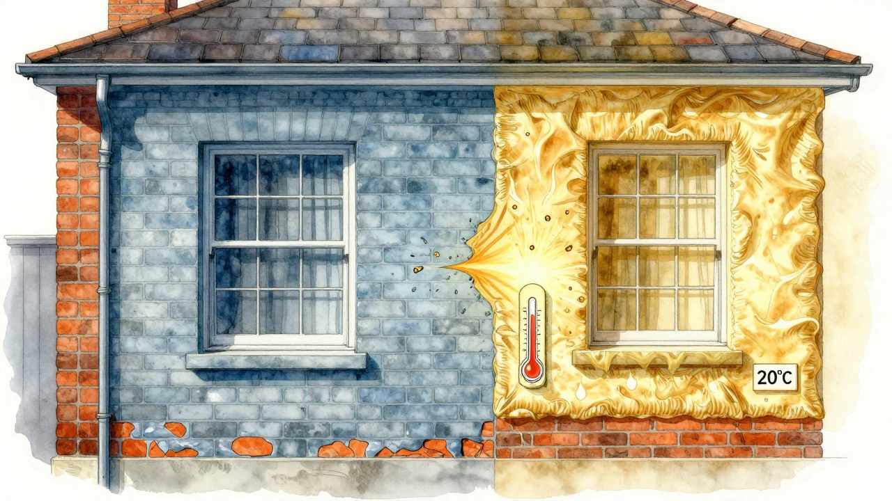 Querschnitt einer Wand mit Vergleich zwischen ungedämmtem Mauerwerk und moderner Außendämmung mit Wärmespeicherung.