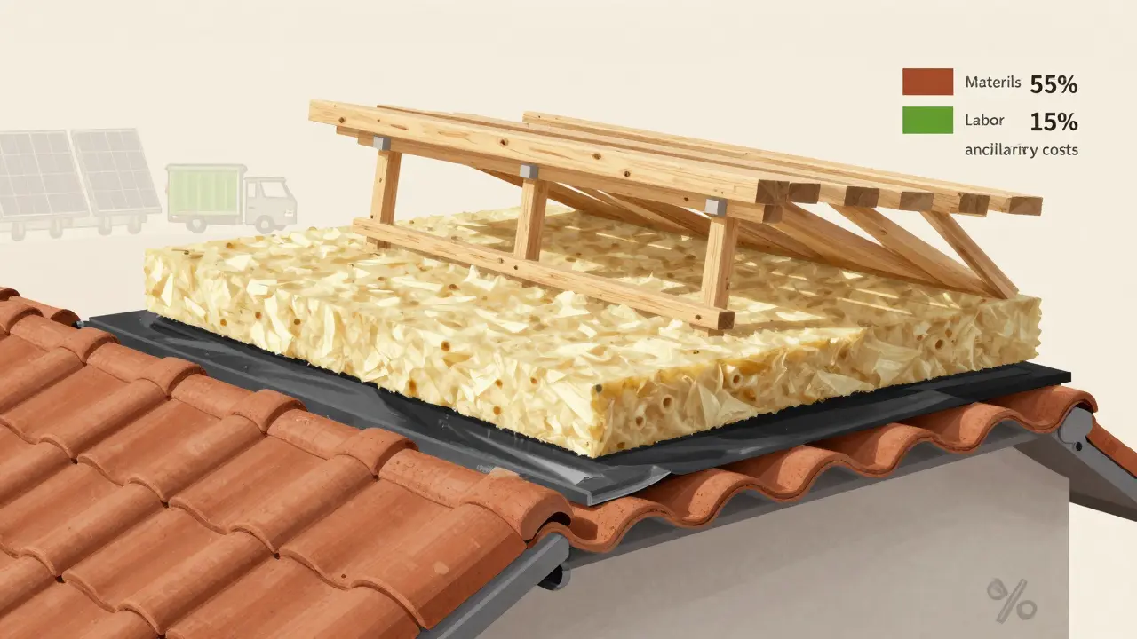 Schnitt durch ein modernes Dach mit Schichten aus Ziegeln, Dämmung und Unterkonstruktion, Kostenverteilung visualisiert.