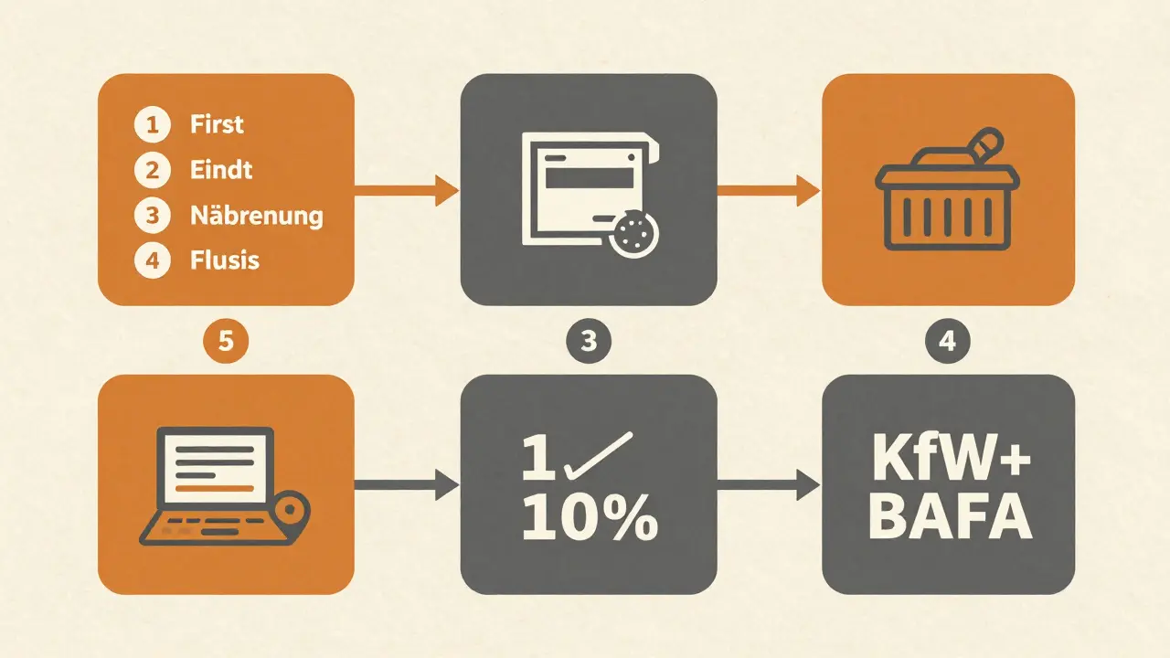 Schritt-für-Schritt-Flowchart der Förderberechnung im Bauhaus-Stil mit Symbolen.